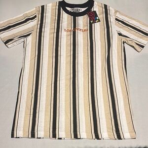 Men’s Striped Beige and Black T-Shirt with Los Angeles Logo Size Medium